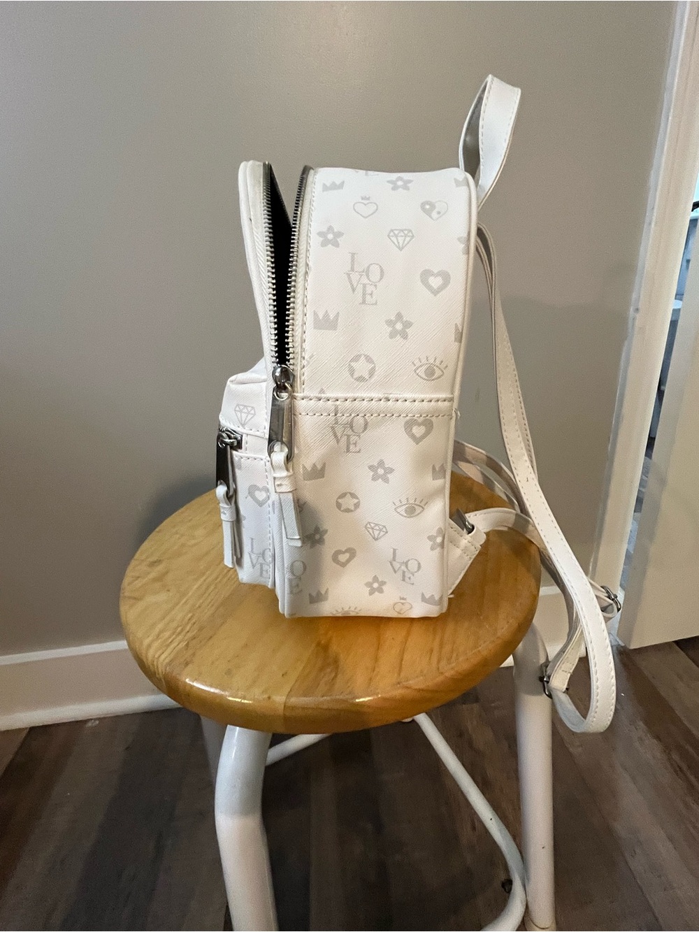 Claire's White Mini Backpack with Light Gray Icon Print - Picture 3 of 5